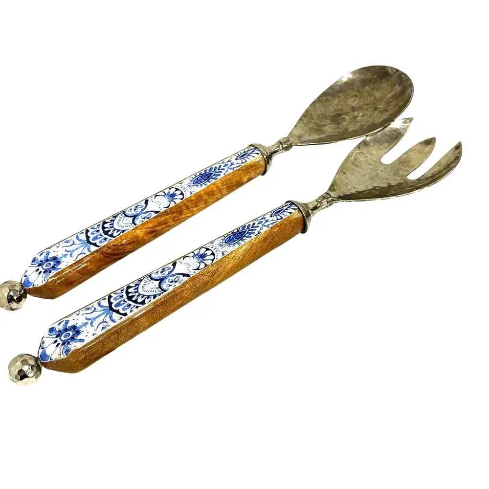 Salad serving fork & spoon wood handle blue & white hammered silvertone 2-pc set